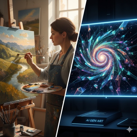 Split view: artist painting on one side, AI-generated art on the other