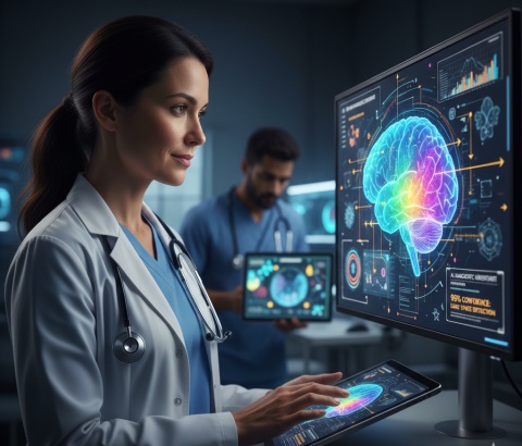 Doctor reviewing an AI-enhanced medical scan on a digital display