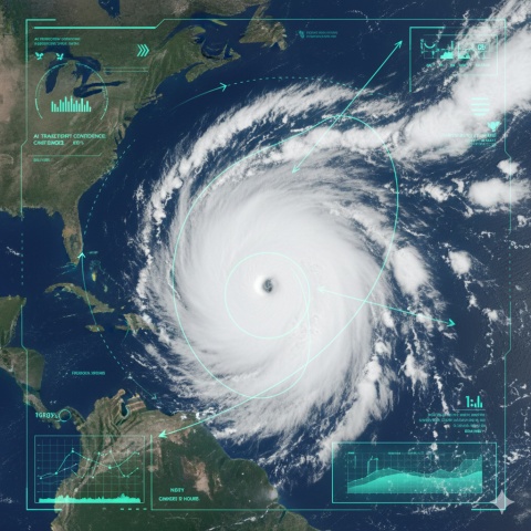 Satellite view of a hurricane with AI prediction overlay paths