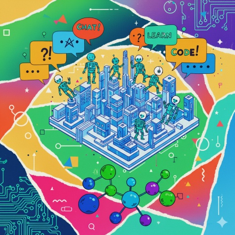 Collage of AI concepts: neural networks, robots, molecules, and conversation