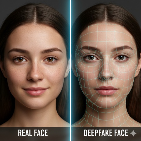 Side-by-side comparison of a real face and a deepfake version