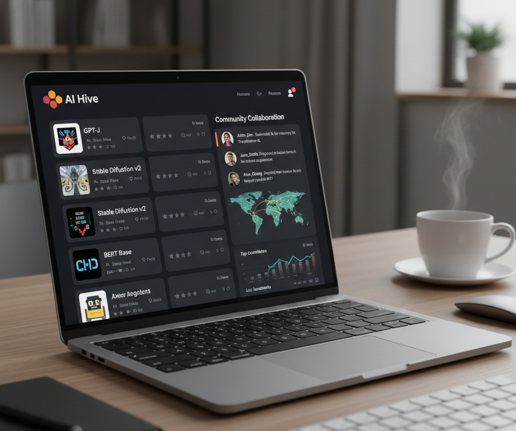 Laptop screen showing a model hub with community collaboration interface
