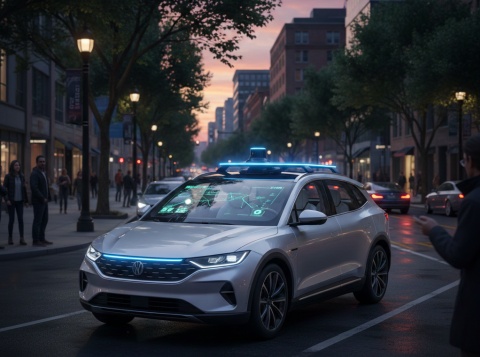 Autonomous vehicle on a city street with LiDAR sensor visualization